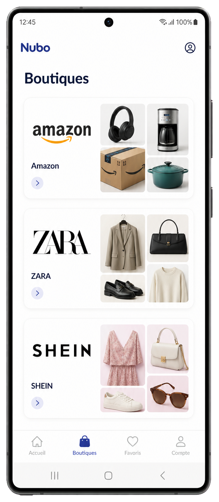 Galaxy affichant les boutiques Amazon, Zara et Shein dans l'application Nubo