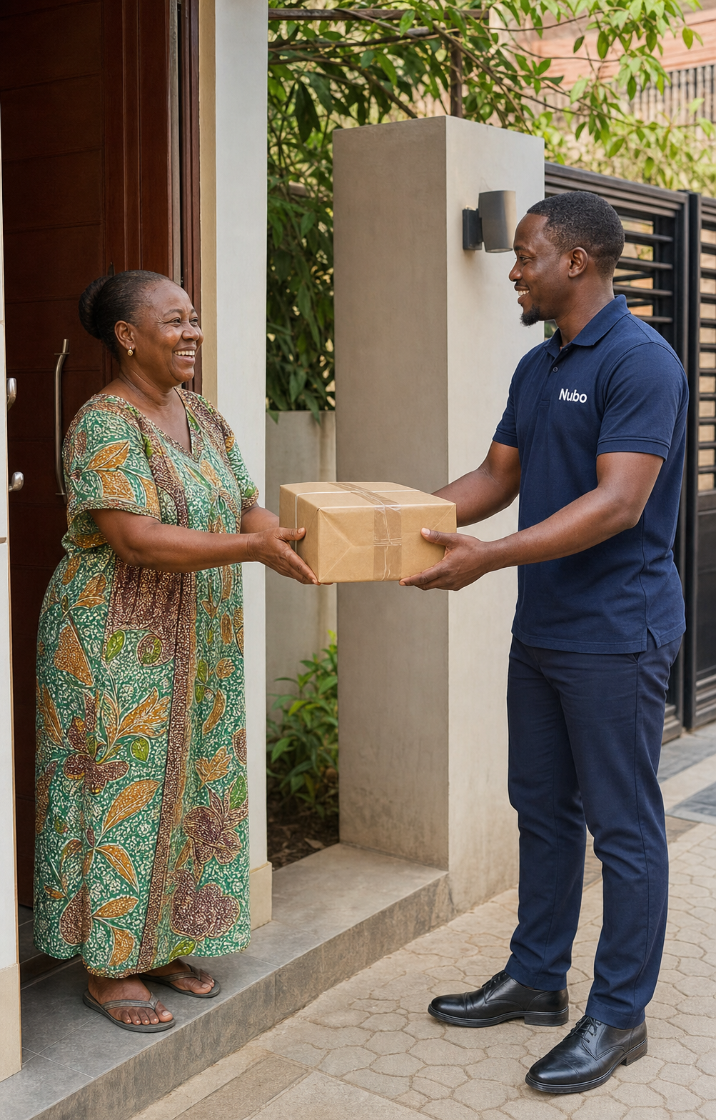 Une mère reçoit avec le sourire un colis remis par un coursier Nubo à Cotonou