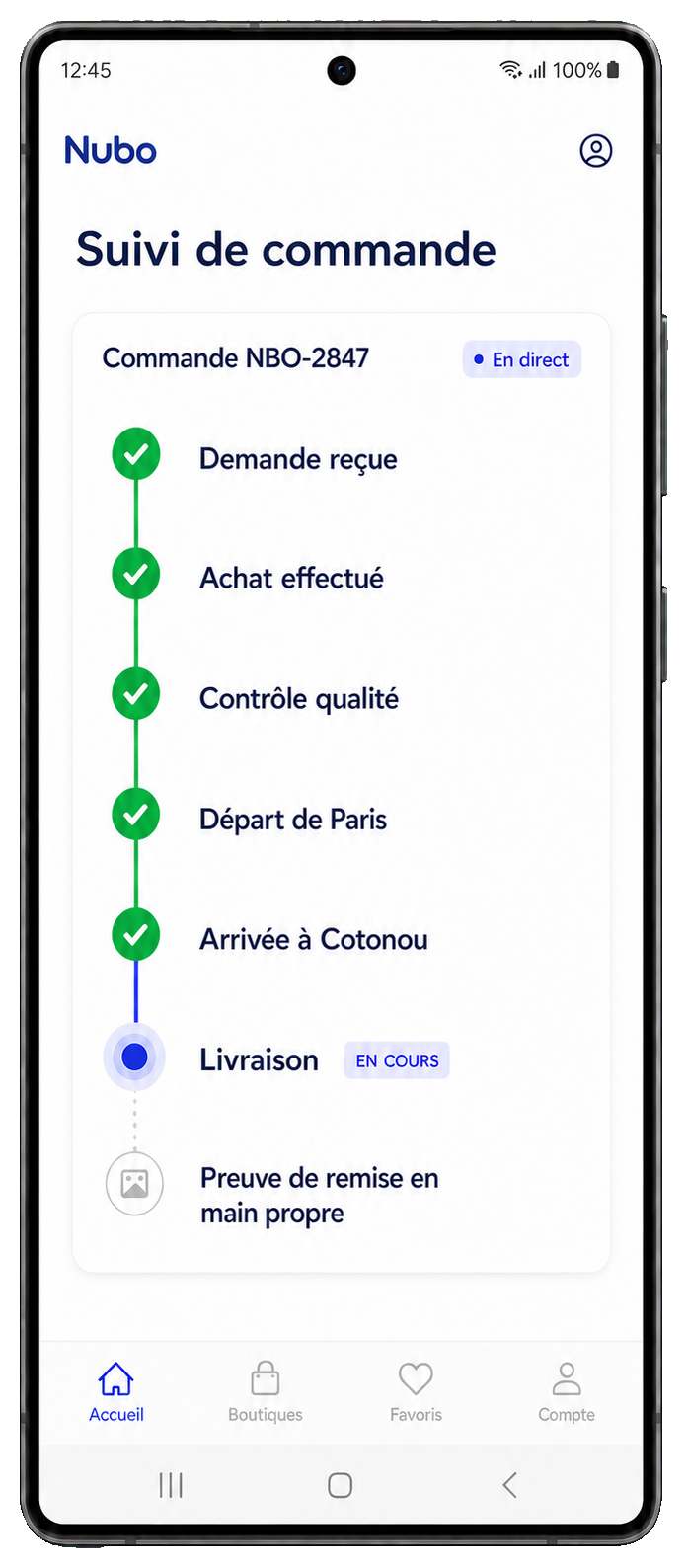 Galaxy affichant le suivi complet d'une commande dans l'application Nubo